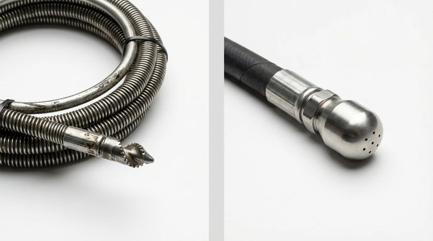 Drain snake cable and hydro jetting nozzle used for drain cleaning in Ventura, CA