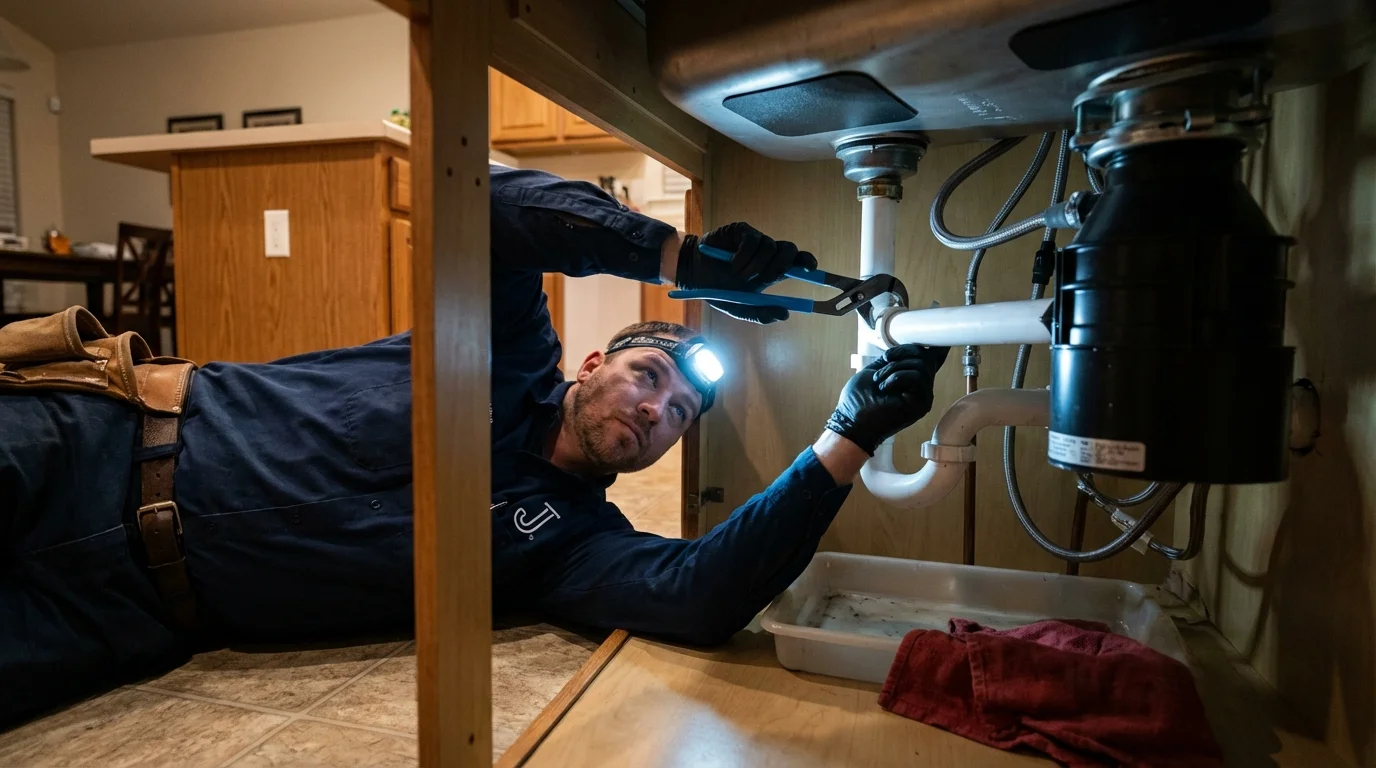 P-trap and supply line connections under a kitchen sink showing a common leak point in Ventura, CA